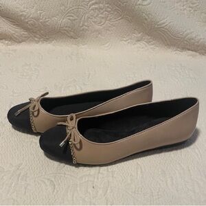 Anne Klein Gable Flats – Beige Black Bow Ballet Flats
